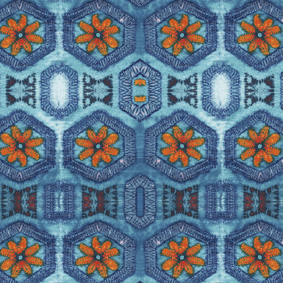 Blue and Tangerine Nui Burst Velvet Fabric Sample