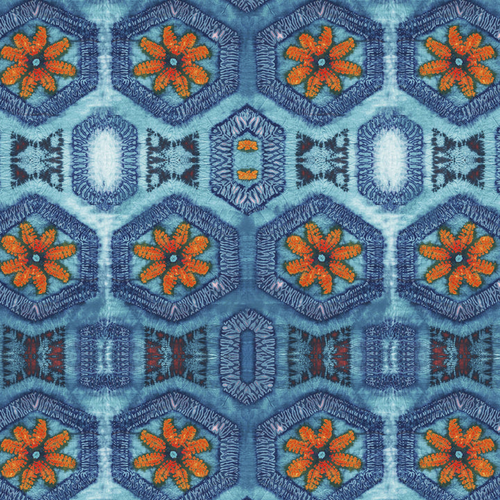 Blue and Tangerine Nui Burst Velvet Fabric Sample