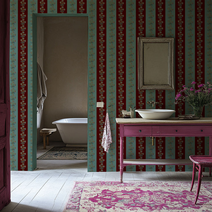 Chateau Stripe Cherry and Blue Wallpaper