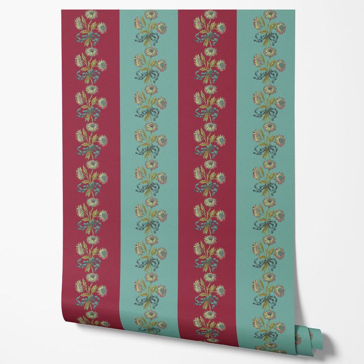 Chateau Stripe Cherry and Blue Wallpaper