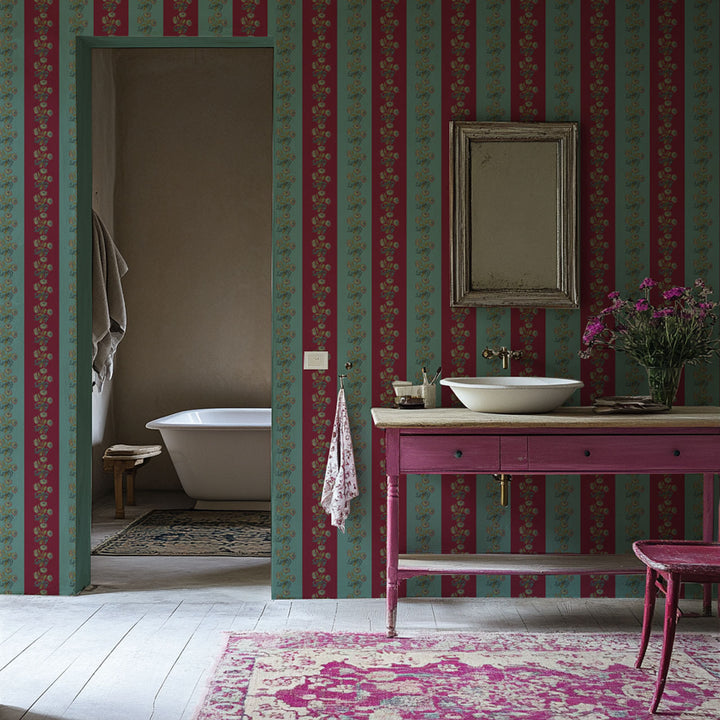 Chateau Stripe Cherry and Blue Wallpaper