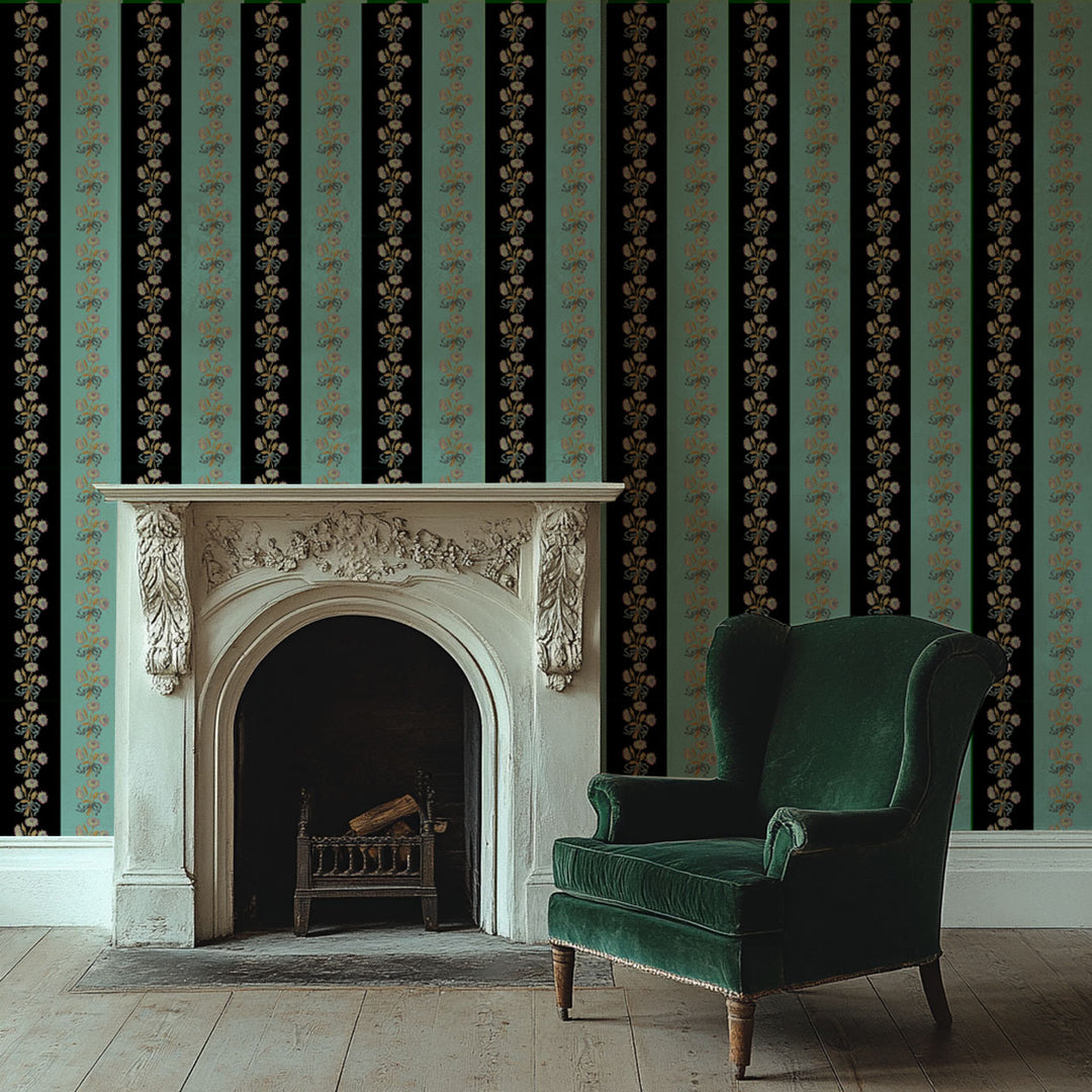 Chateau Stripe Ink and Mint Wallpaper