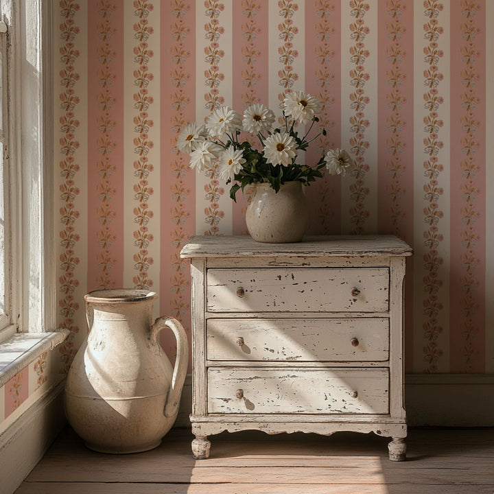 Chateau Stripe Peony and Chalk Wallpaper