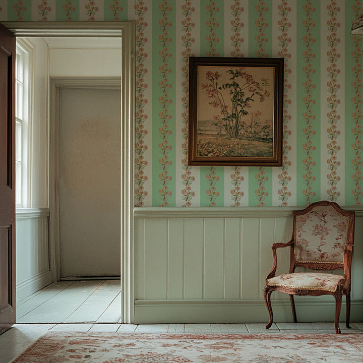 Chateau Stripe Peppermint and Chalk Wallpaper