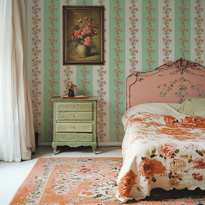 Chateau Stripe Peppermint and Chalk Wallpaper