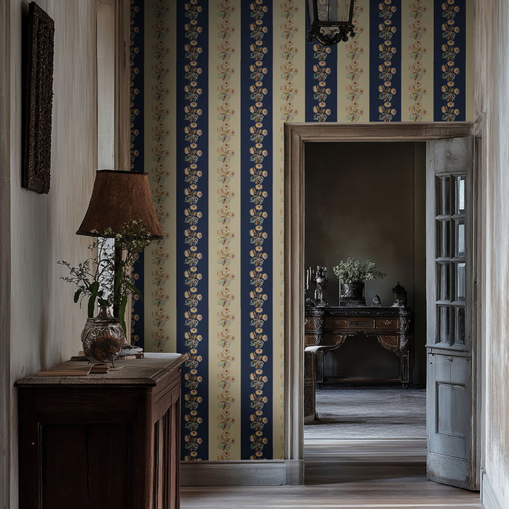 Chateau Stripe Prussian and Fawn Wallpaper