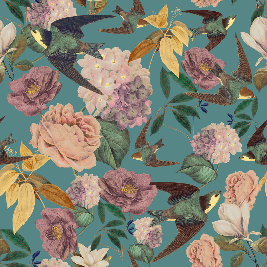 Swallows and Blooms Teal Wallpaper