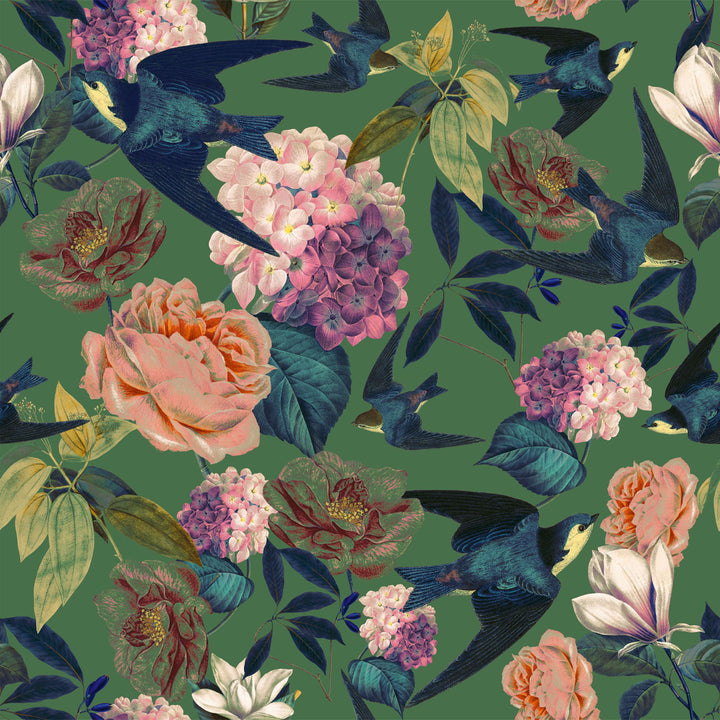 Swallows and Blooms Vine Green Wallpaper Sample