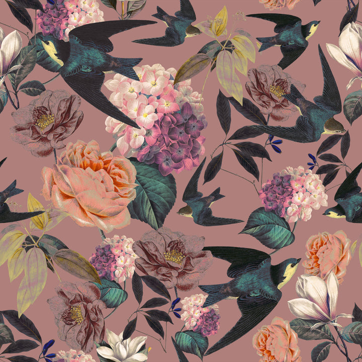 Swallows and Blooms Violet Wallpaper