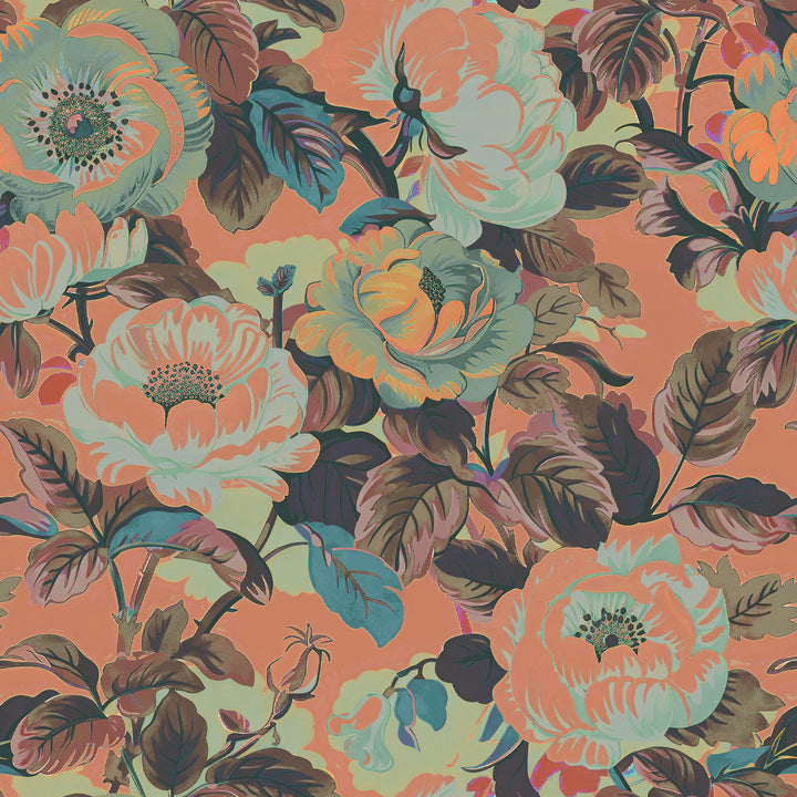 Rococo Roses Coral Wallpaper