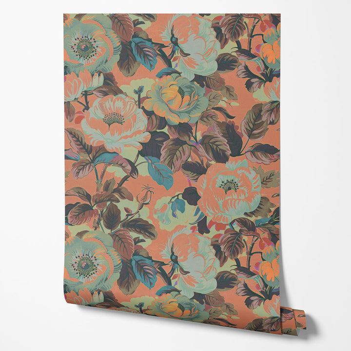 Rococo Roses Coral Wallpaper