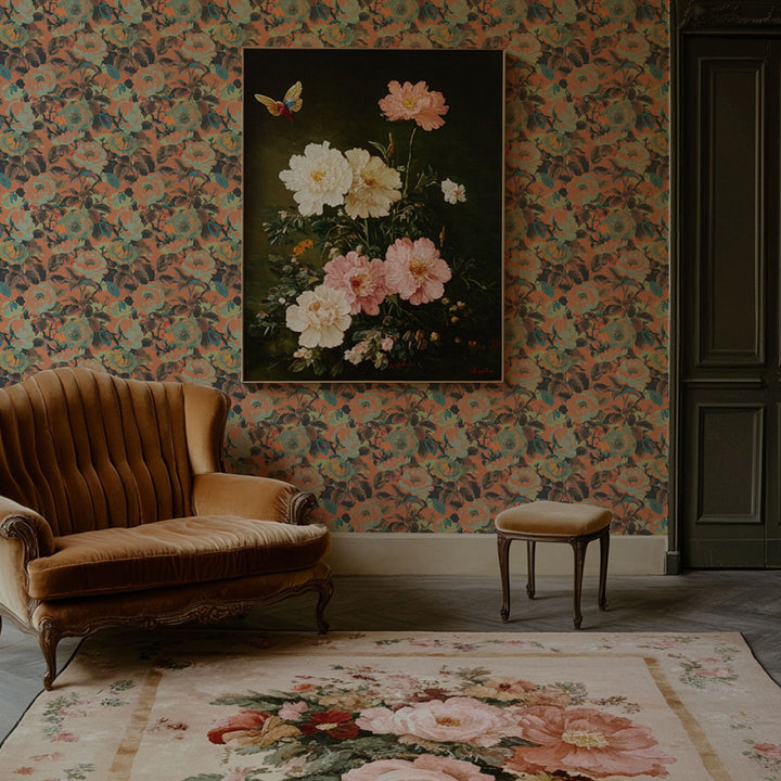 Rococo Roses Coral Wallpaper