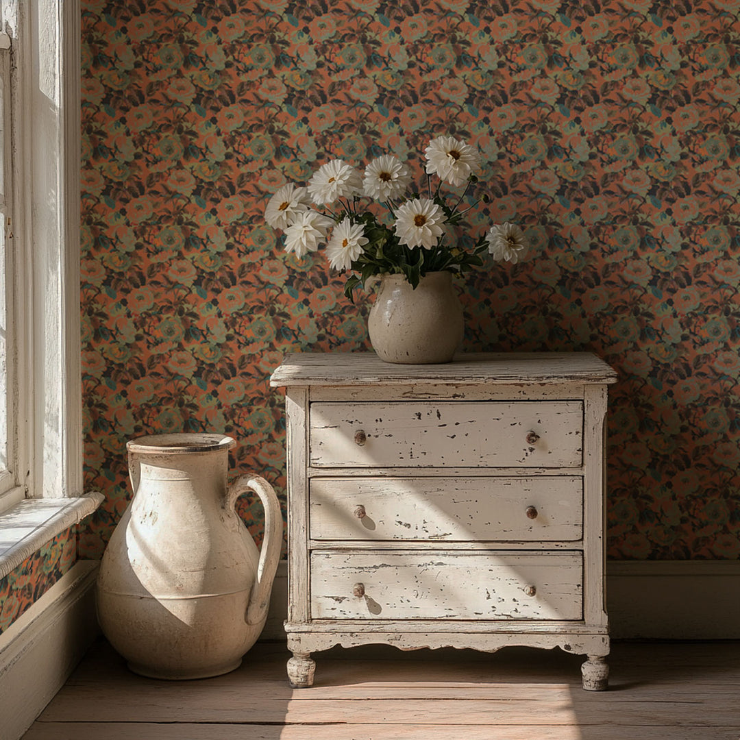 Rococo Roses Coral Wallpaper