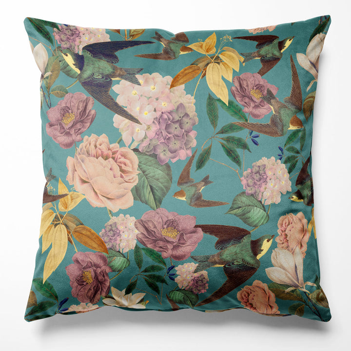 Swallows and Blooms Teal Cushion