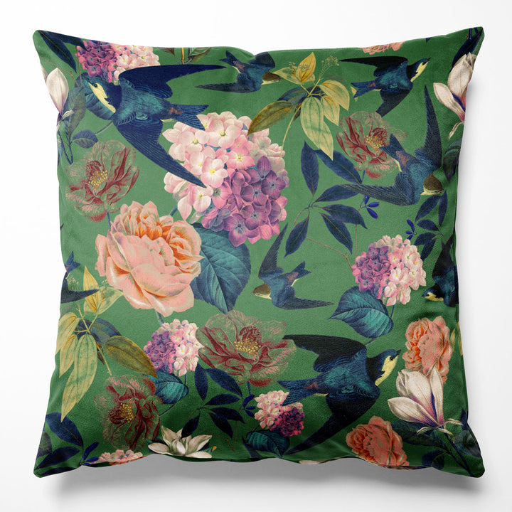 Swallows and Blooms Vine Green Cushion