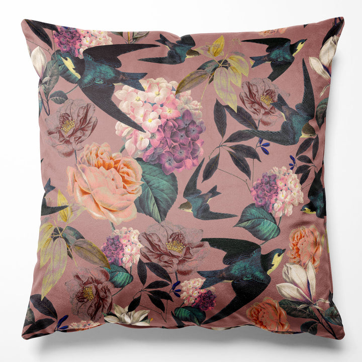 Swallows and Blooms Violet Cushion