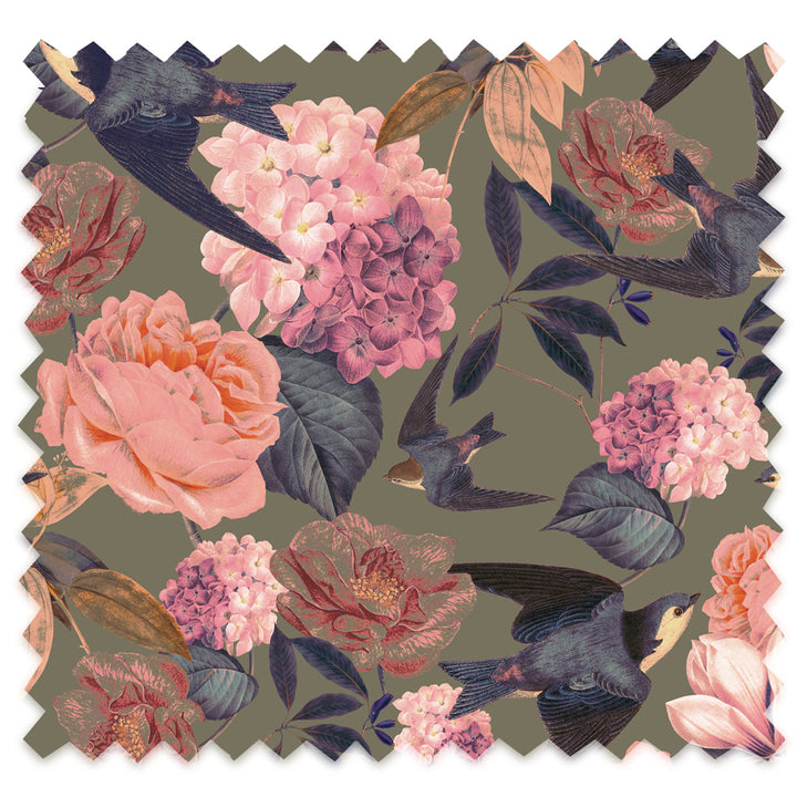 Swallows and Blooms Autumn Linen Fabric