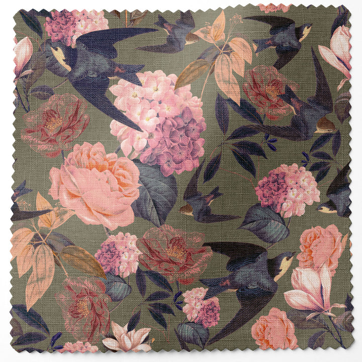 Swallows and Blooms Autumn Linen Fabric