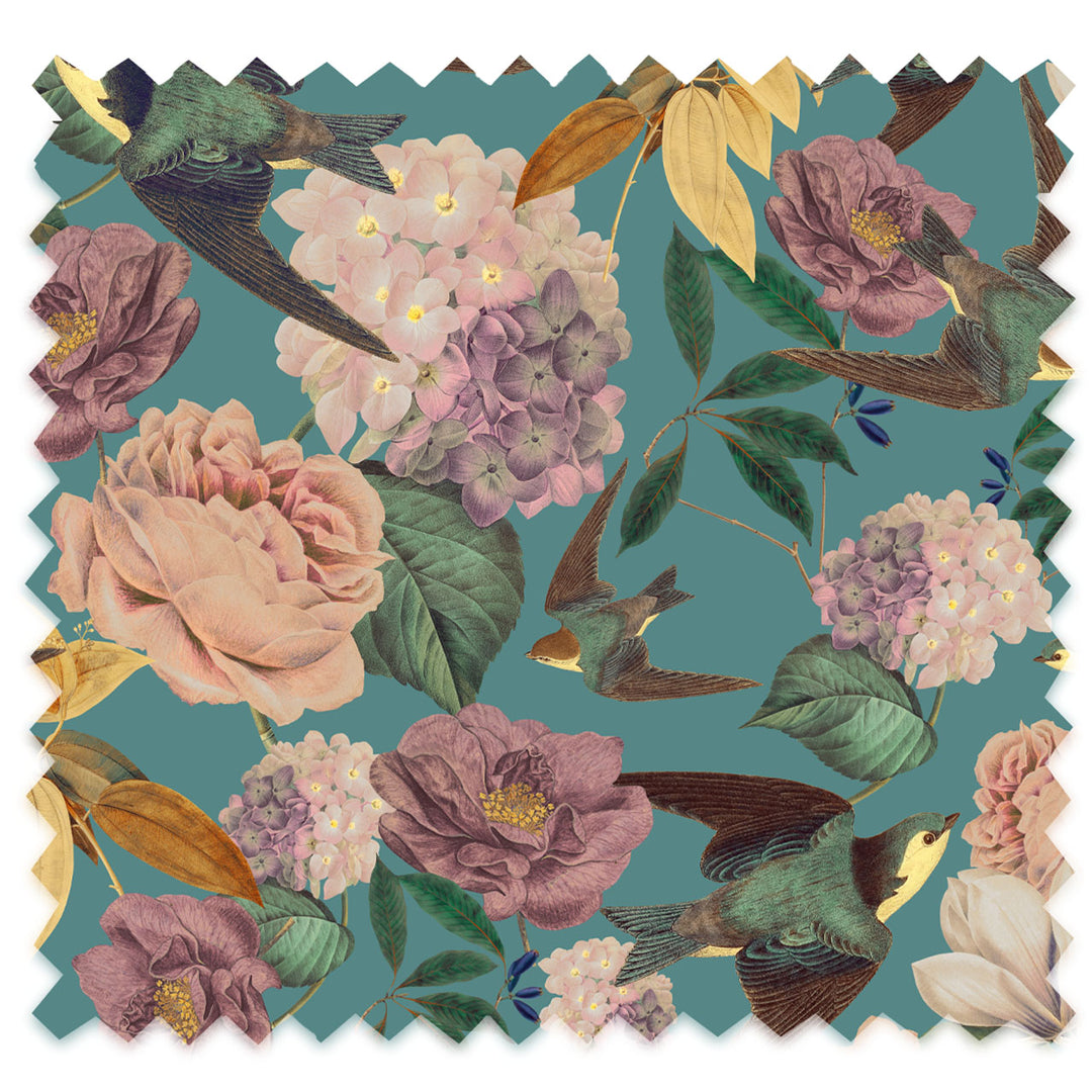 Swallows and Blooms Teal Linen Fabric