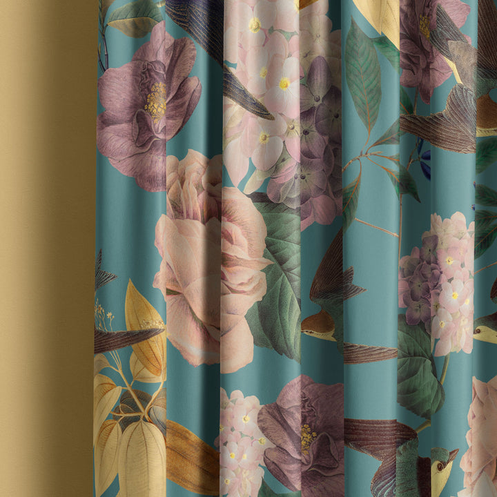 Swallows and Blooms Teal Velvet Fabric