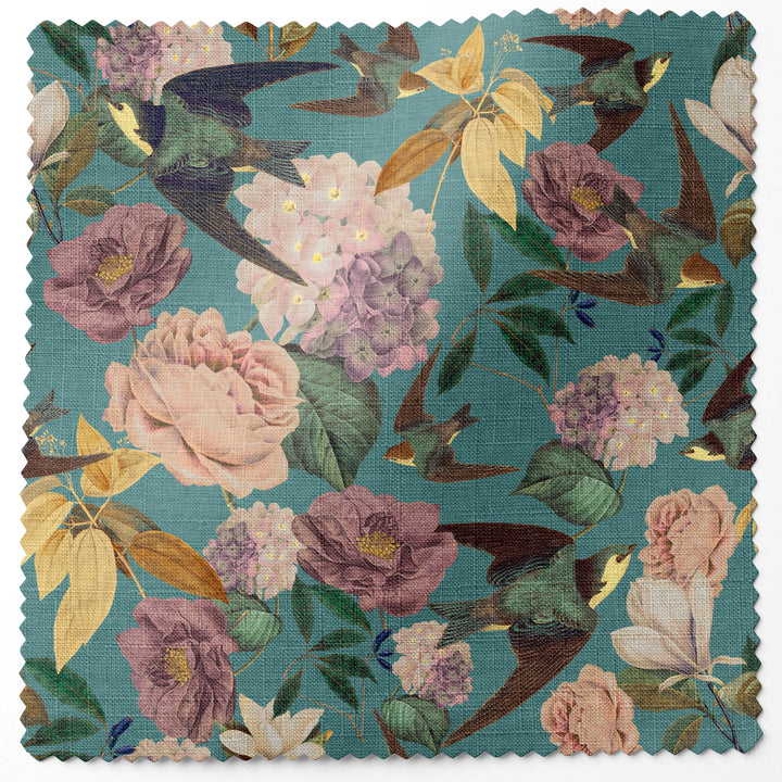 Swallows and Blooms Teal Linen Fabric