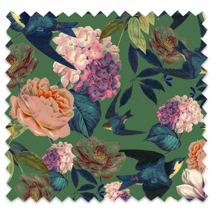 Swallows and Blooms Vine Green Linen Fabric