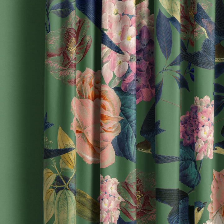 Swallows and Blooms Vine Green Recycled Velvet Sample