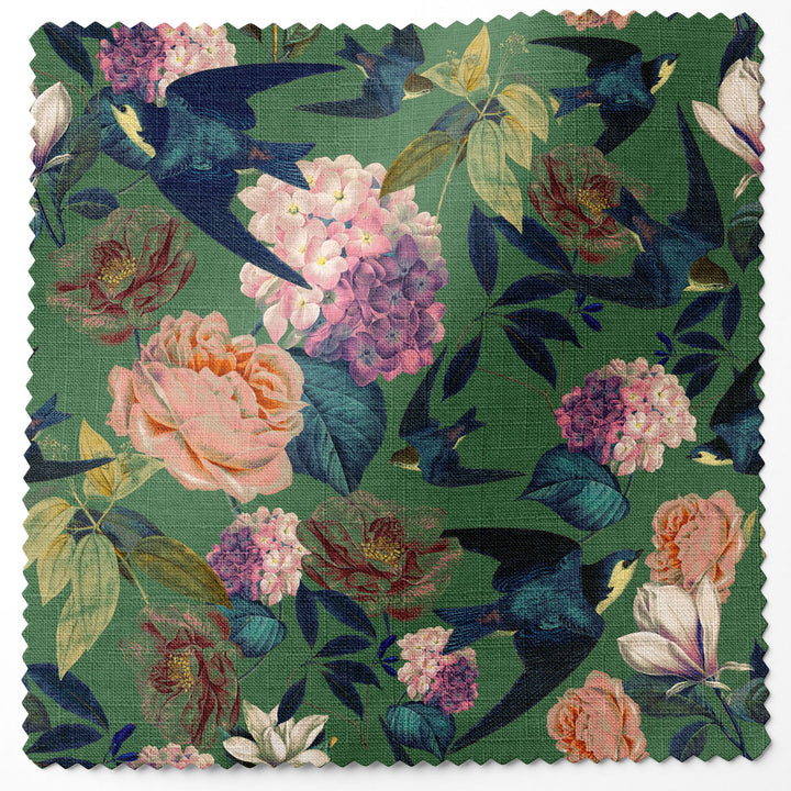 Swallows and Blooms Vine Green Linen Fabric