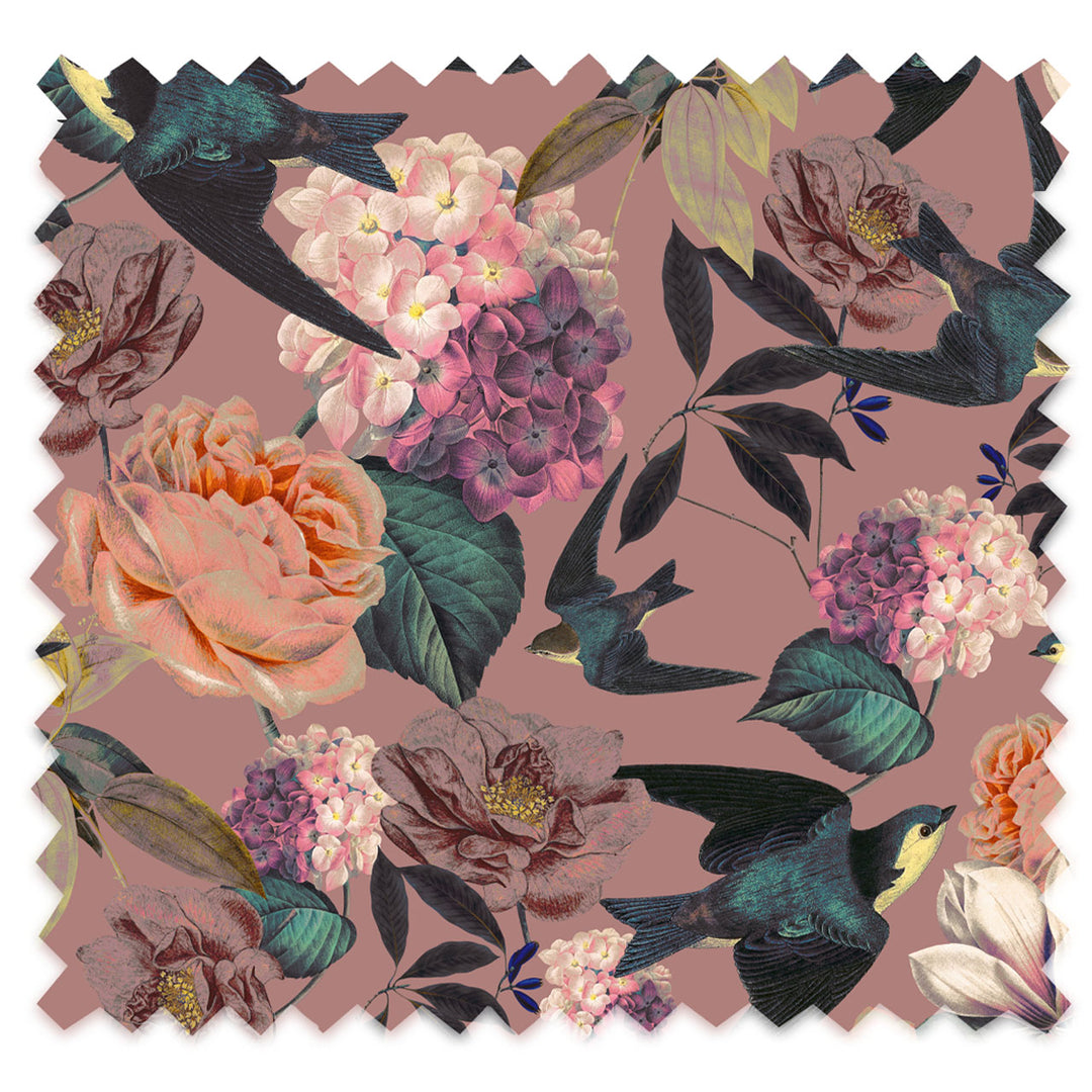 Swallows and Blooms Violet Linen Fabric