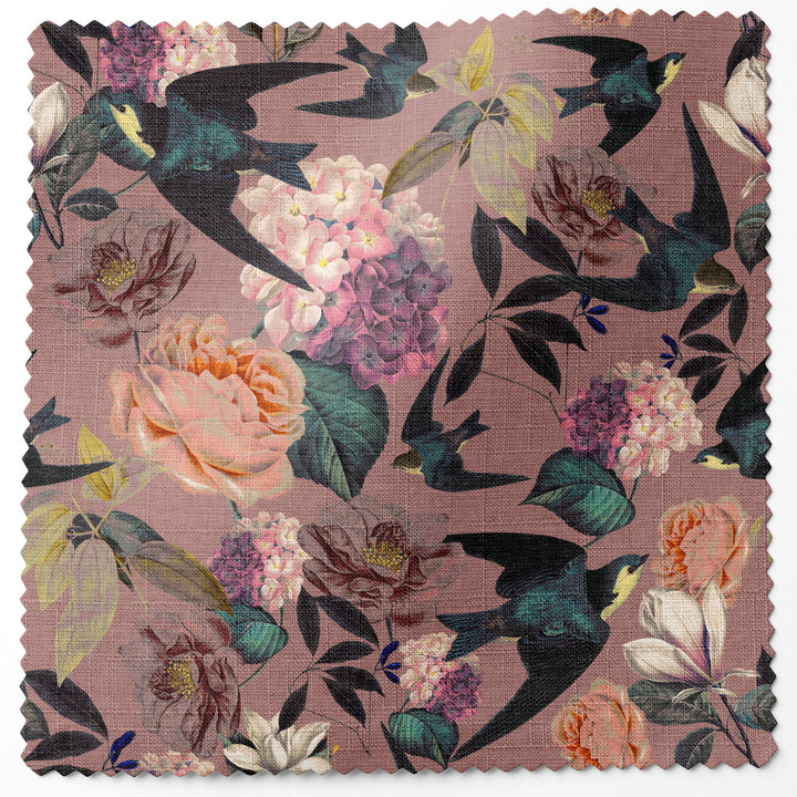 Swallows and Blooms Violet Linen Fabric