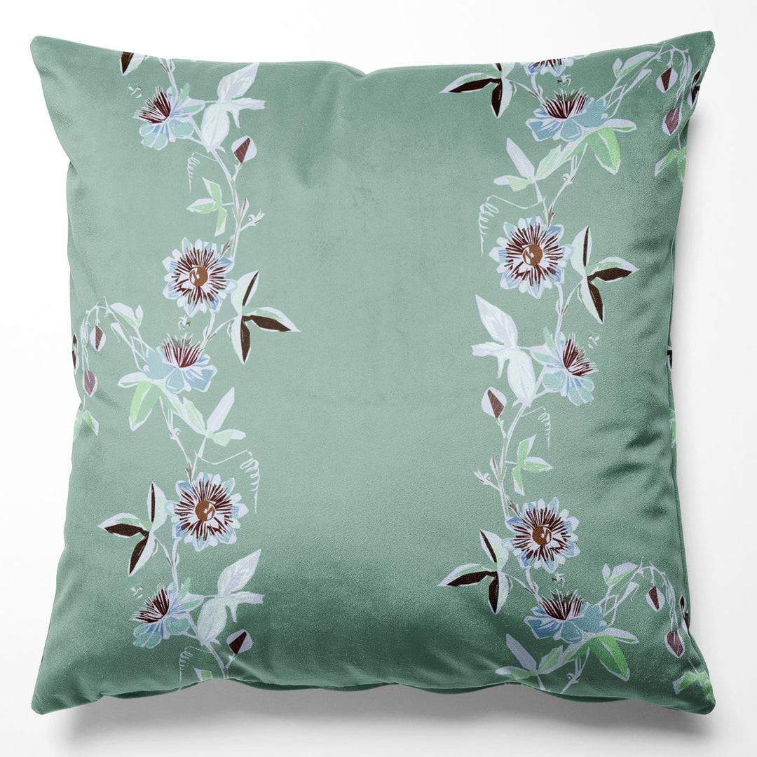 Passion Flower Pistachio Velvet Cushion