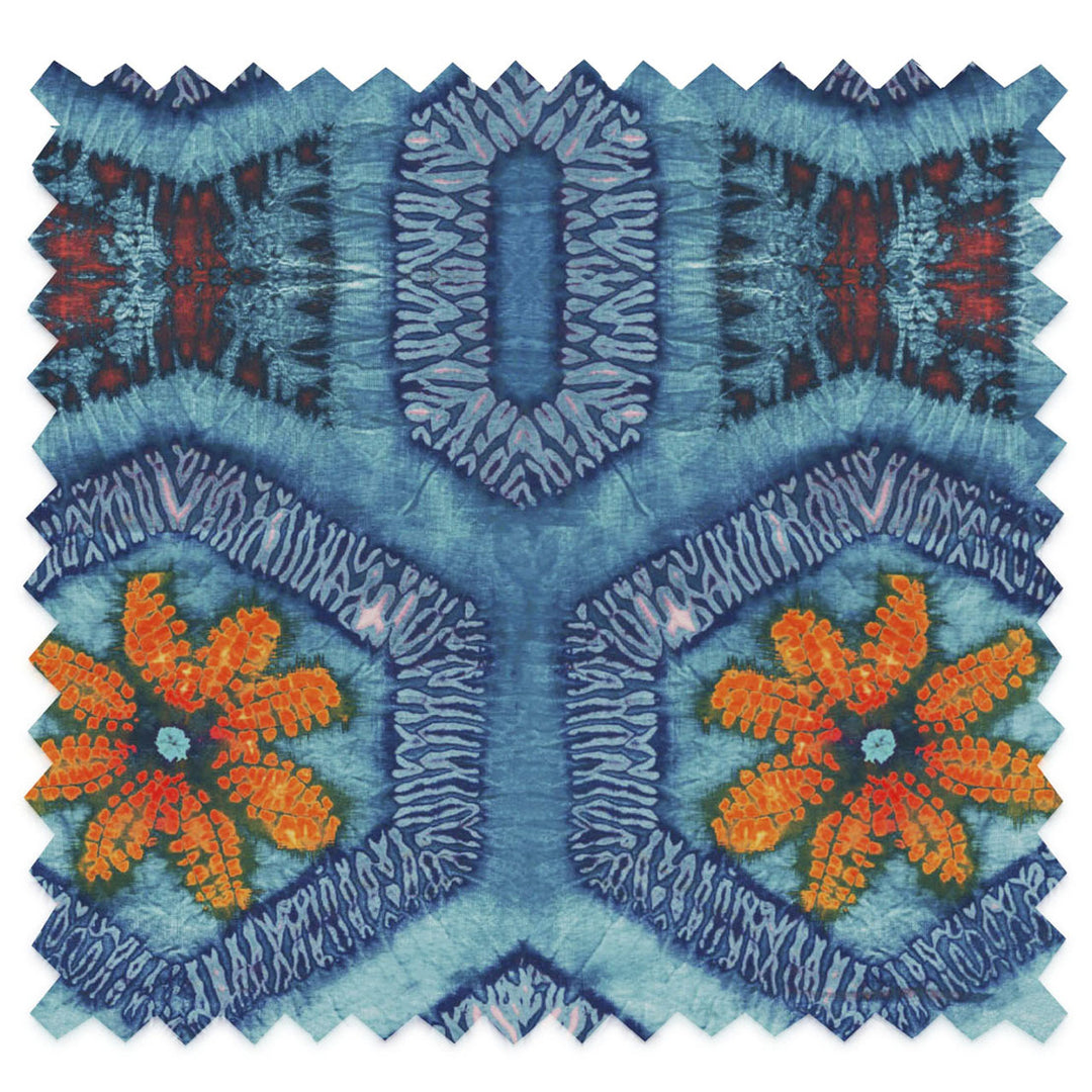 Blue and Tangerine Nui Burst Velvet Fabric Sample