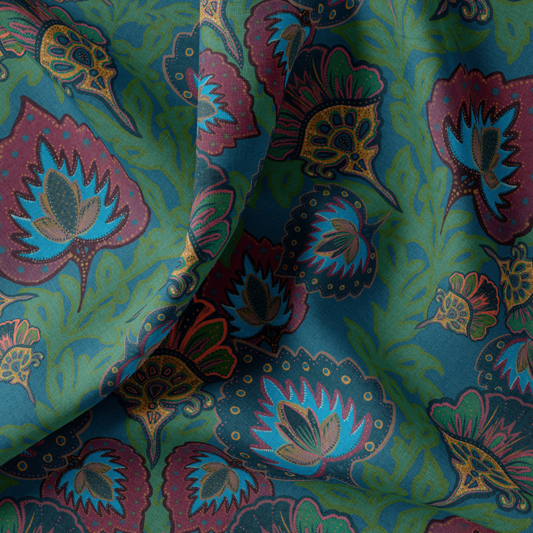 Garden of India Peacock Linen Fabric