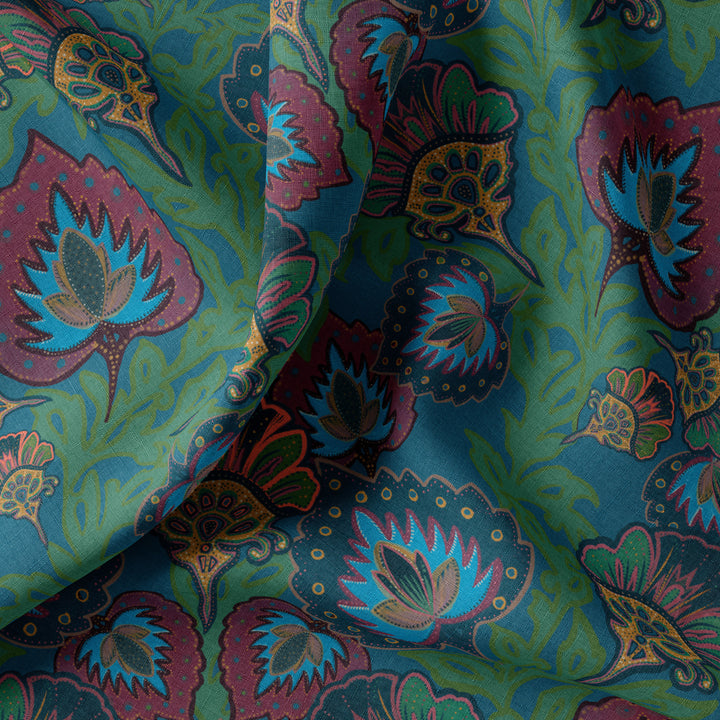 Garden of India Peacock Linen Fabric Sample