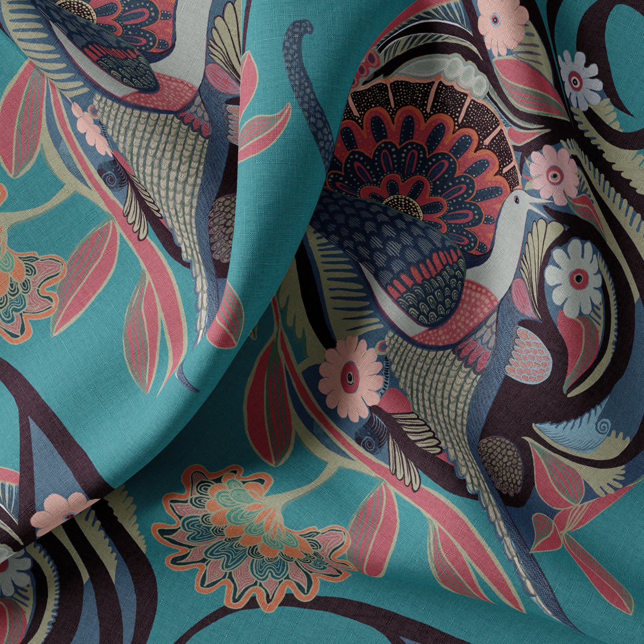 Phoenix Turquoise Linen Fabric